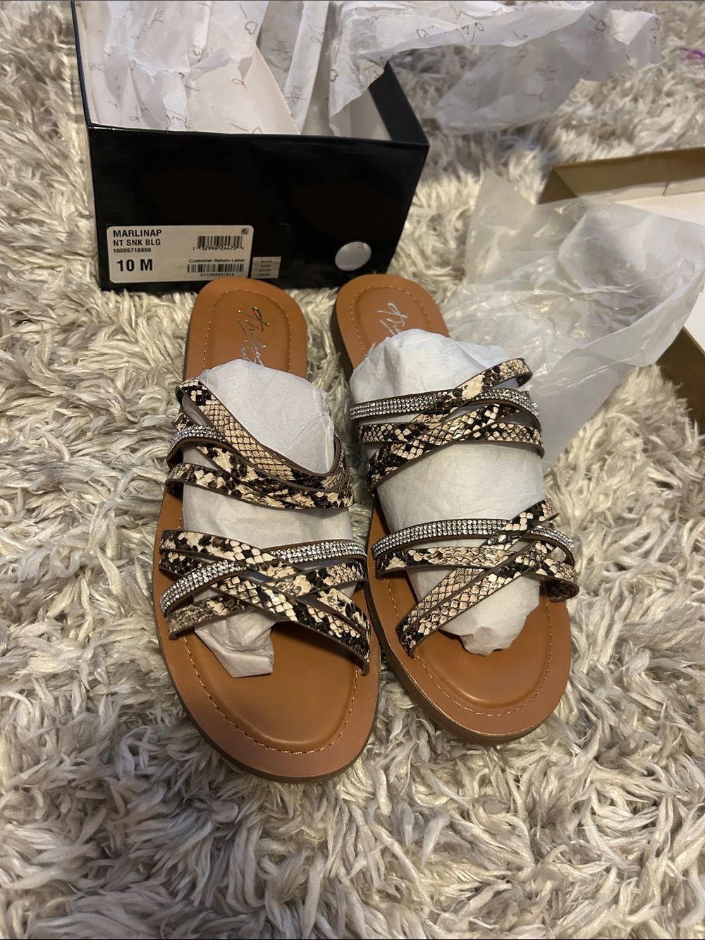 Thalia Sodi Snake-Print Slide Mules in Black and Tan with Rhinestones
